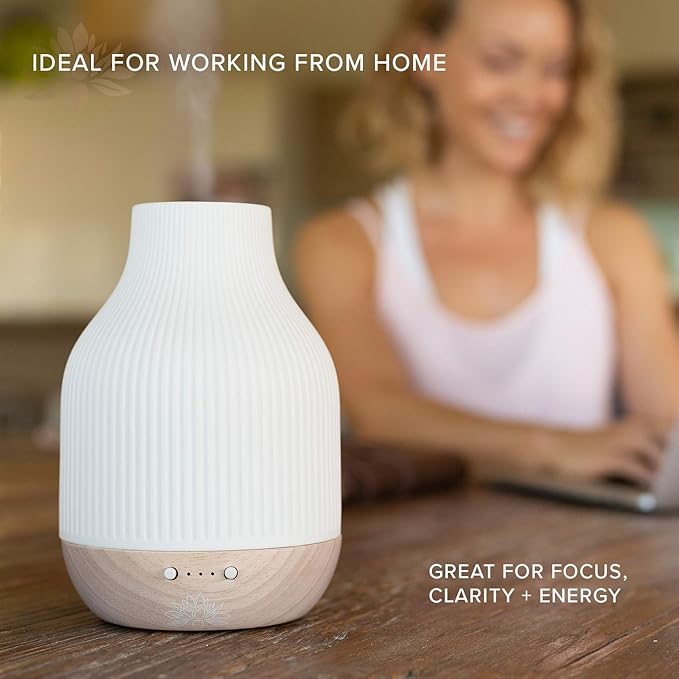 Essential Oil Diffuser Lamp, White Ceramic + Wood, Ultrasonic 180ml, Whispersoft, 4 Timers + 5 Light Settings, Auto Shut Off, Home + Office, Humidifier Air Purifier Aromatherapy