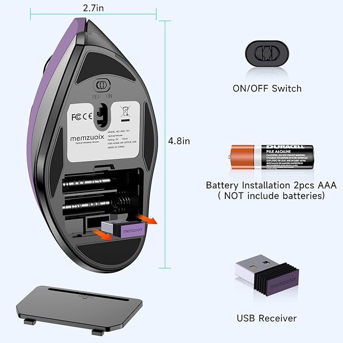 memzuoix Ergonomic Vertical Wireless Mouse - 2.4G Optical Cordless Mice with 3 DPI Levels (800/1200/1600) - Right-Handed Large Size Mouse for Laptop, Mac, PC, Desktop-Purple