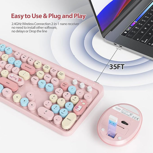 Fogruaden Pink Wireless Retro Typewriter Keyboard, 2.4GHz Full Size Cute Keyboard with Number Pad, Pink Colorful with Retro Round Keycaps for Windows PC Laptop