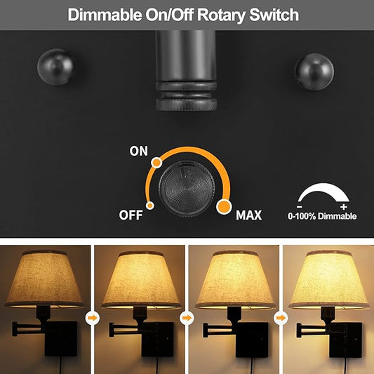 TRLIFE Wall Sconce Plug in, Dimmable Wall Sconces Set of Two Swing Arm Wall Lights with Plug in Cord and On/Off Dimmer Rotary Switch, 9.4" Medium Beige Fabric Shade(2 Pack, 2 Bulbs)