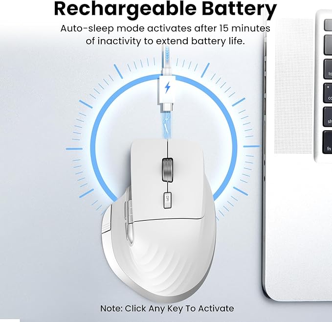 Wireless Bluetooth Mouse, Ergonomic Rechargeable Silent Mouse with Multi-Device, Adjustable DPI, Flying Scroll & Thumb Wheel, Bluetooth Mice for Laptop, Computer, Tablet, Smartphone (White)