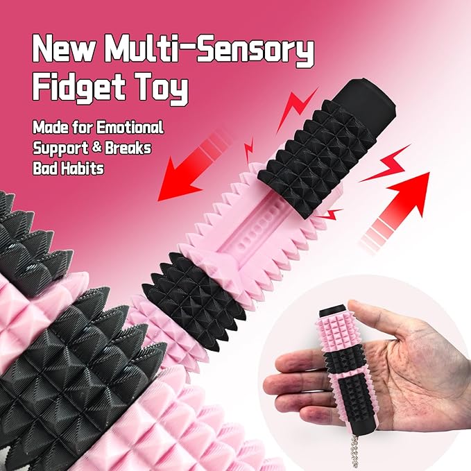 Little Ouchies Spiky Sensory Fidget Toy for Adults – Pain Stim Tool with Clicker, Spinner, Slider, Roller & Spiky Grip | 5‑in‑1 Stress & Anxiety Relief, Portable Keychain(Black & Pink)