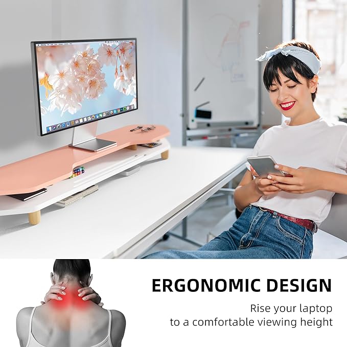 2 Tier Dual Monitor Stand Riser,Wider Board Computer Monitor Stand for 2 Monitors,Slot For Phone/Tablet Office Desktop Organizer for Laptop,PC,Computer,Printer,Pink