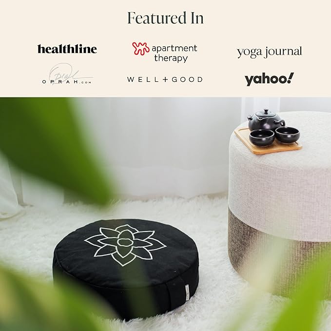 Mindful & Modern Large Meditation Cushion | Zafu Yoga Bolster Meditation Floor Pillow Seat | Buckwheat Hull Filled Crescent Shaped Cushion with Removable Washable Cover + Carry Handle