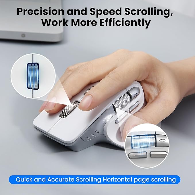 Wireless Bluetooth Mouse, Ergonomic Rechargeable Silent Mouse with Multi-Device, Adjustable DPI, Flying Scroll & Thumb Wheel, Bluetooth Mice for Laptop, Computer, Tablet, Smartphone (White)