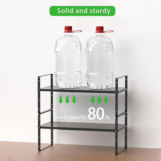 Expandable Cabinet Storage Shelf Stackable Organizer Rack for Kitchen Bathroom Pantry Spice Cupboard Coffee Countertop Home Office Desk Heavy Duty Nonslip Black Large 1 PACK