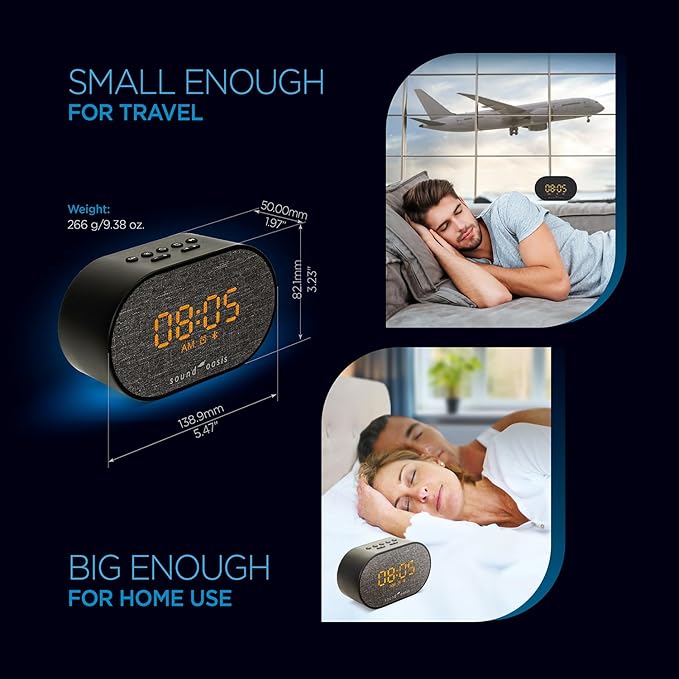 Sound Oasis® Bluetooth® Sleep Sound Therapy System® Alarm Clock - Sleep Better, Manage and Mask Tinnitus, 30 Built-in Sounds, Sleep-Friendly Lighting, Travel Friendly (BST-150)