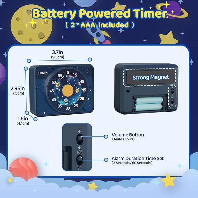 VOCOO Kids Visual Timer for Classroom - 60-Minute Countdown for Kitchen Cooking Office, Strong Magnet, Silent Time Management Tool, 2 AAA Batteries Included, Cute Starry Sky Pattern (Blue)