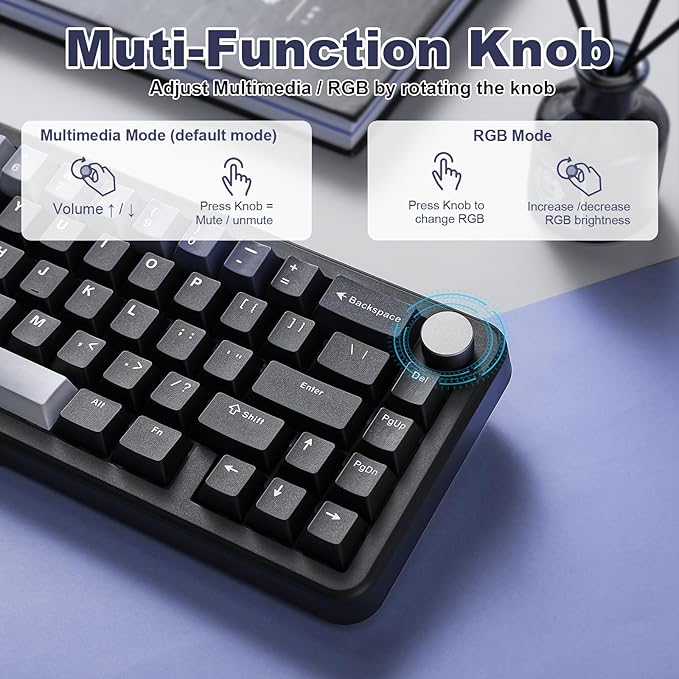 YUNZII B68 Wireless Mechanical Keyboard,Tri-Mode BT5.0/2.4GHz/USB-C,Cute PBT Keycaps,Hot Swappable Creamy Typing Gasket Mounted,RGB Backlit NKRO for Win/Mac (Black, Cocoa Cream V2 Switch)