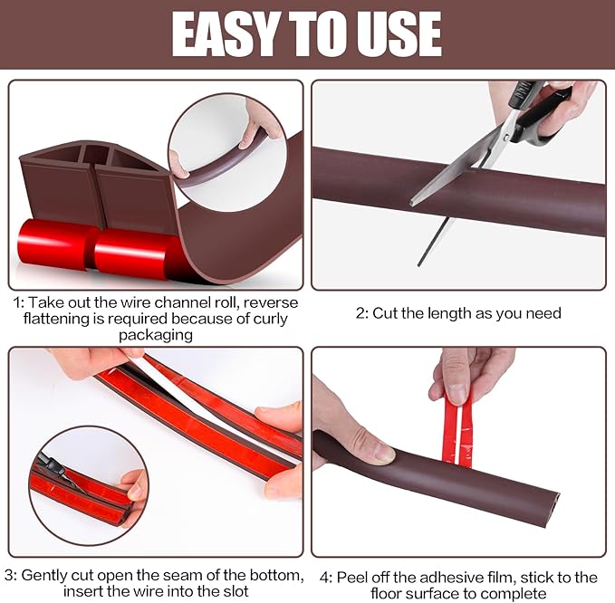 Floor Cord Cover Self Adhesive Cord Hider,10FT Cable Management, Extension Strip Protector for Wires, Prevent Cable Trips for Offices, Gyms, Exhibitions Cavity:0.39"(W) x 0.27"(H) Coffee