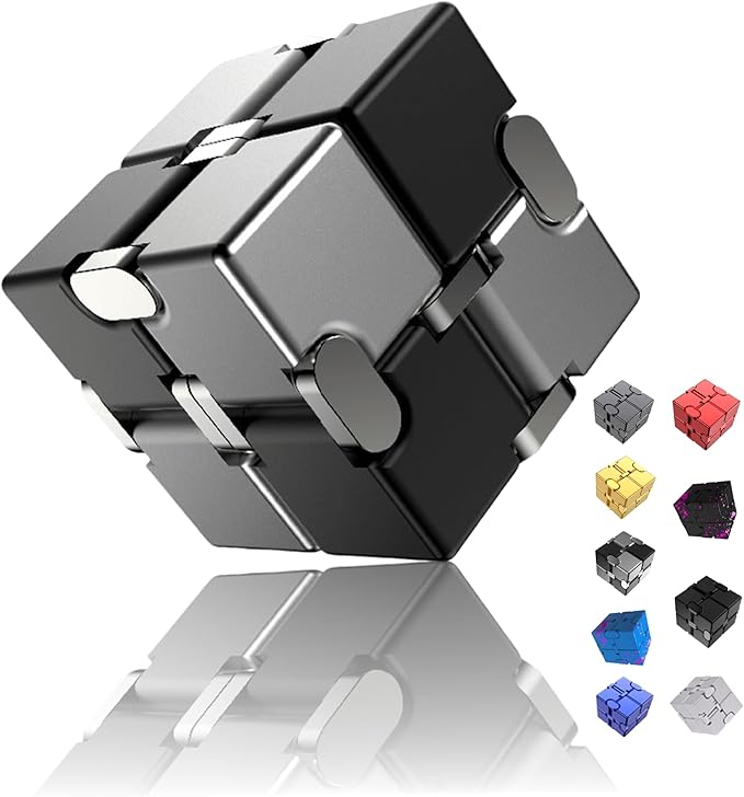 Metal Infinity Cube Fidget Toy - Aluminum Alloy Anti-Stress and Anxiety Finger Flip Cube for Adults, Men, and Women, Ideal Desk Toy for Work or Home - Infinity Cube Desk Toy (Black-Silver)