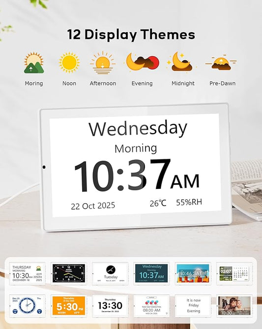 10.1" Digital Clock with Date and Day for Elderly, Remote Control Digital Calendar with 12 Themes & 9 Colors, AutoDST, 23 Preset Schedules & Customizable, Auto Dimming, Indoor Temperature, Humidity