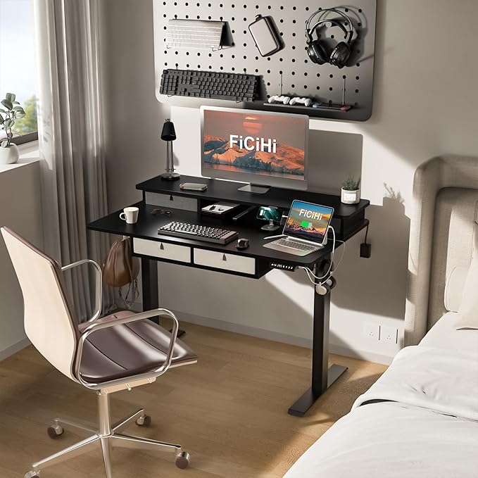 Adjustable Height Standing Desk with 4 Drawers,48 x 30 inches Electric Sit Stand Home Office Desk with Two Tiers, 3 Memory Presets, Monitor Stand Riser, USB A/C Charging Port