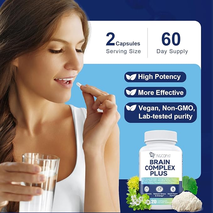 Brain Supplements for Memory and Focus | Nootropic with Bacopa Monnieri, Lion's Mane, Alpha GPC, Ginkgo Biloba | Mental Clarity & Cognitive Support | Vitamin B6 & B12 Neuro Health - Non-GMO, 120 Caps
