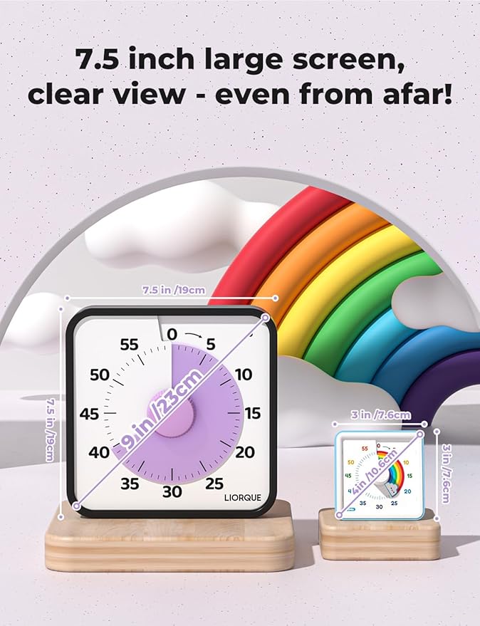 LIORQUE 60 Minute Visual Timer for Kids and Adults, Non-Ticking 7.5 Inch Large Visual Countdown Timers for Classroom Desk Countdown Clock with Magnetic Backing, Kids Pomodoro Timer Clock