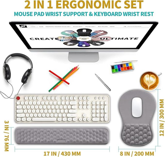 Hokafenle 2 In 1 Ergonomic Mouse Pad Wrist Support & Wrist Rest For Computer Keyboard Set, with Relieve Carpal Tunnel Pain Massage Bulge and Full Memory Gel Design (2In1 Set,Neutral Gray Light Purple)