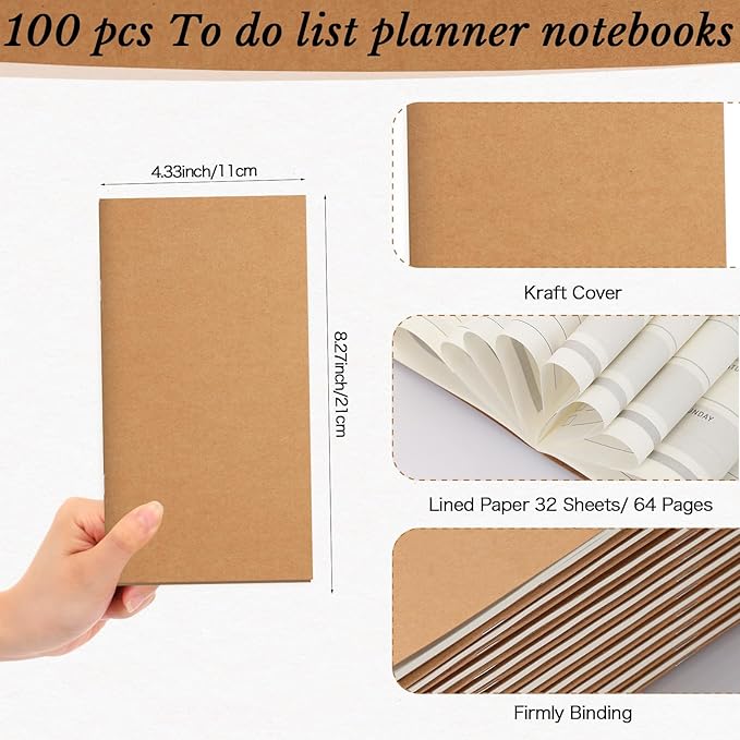 Qilery 100 Pcs 2025-2026 Daily Weekly Planner Bulk Christmas Employee Appreciation Gifts Small Pocket Journal to Do List Goals Notepad for Coworkers Teacher Students Team (Kraft Paper Color)