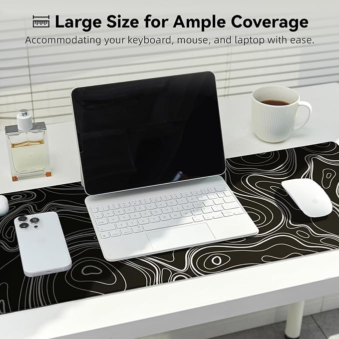 Waterproof Large Gaming Mouse Pad with Durable Stitched Edges, Non-Slip Rubber Base, Smooth Surface Mouse Mat Desk Pad for Home Office Gaming, 31.5"x11.8"x0.12", Black Topographic Map