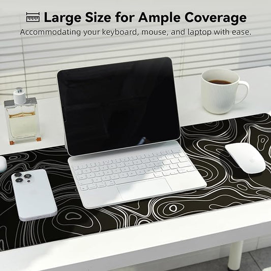 Waterproof Large Gaming Mouse Pad with Durable Stitched Edges, Non-Slip Rubber Base, Smooth Surface Mouse Mat Desk Pad for Home Office Gaming, 31.5"x11.8"x0.12", Black Topographic Map