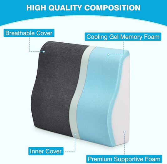 TANYOO Back Support Pillow for Recliner Dual Layer Lumbar Support Pillow with Gel Memory Foam Ergonomic Orthopedic Lumbar Cushions for Elderly Lower Back Pain Relief Washable Cover Dark Grey