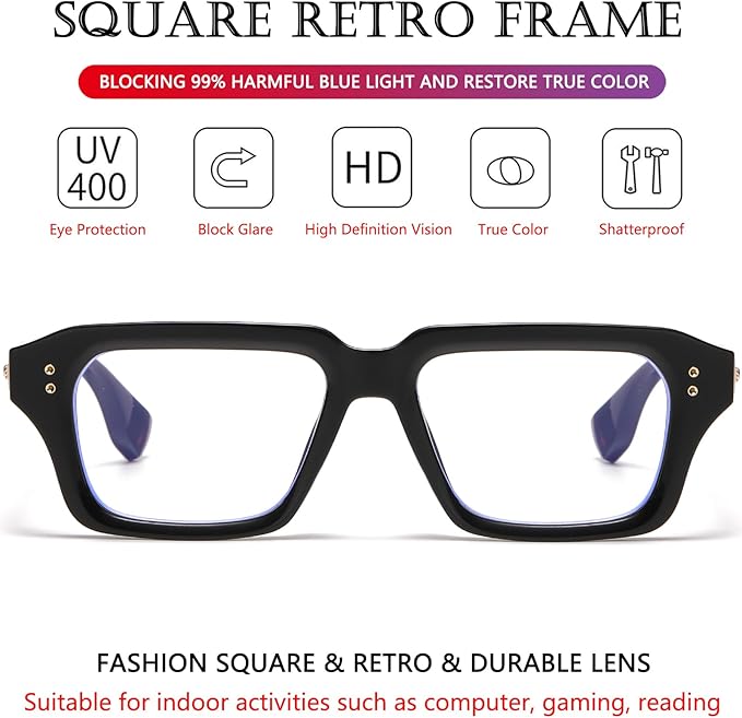 AIEYEZO Fashion Square Blue Light Glasses for Men Women Retro Thick Frame Blue Light Blocking Computer Glasses
