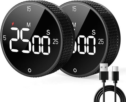 Rechargeable Magnetic Kitchen Timer for Cooking, Building 800mAh Battery Large Display Digital Countdown Countup Timer, 3 Preset 5/15/25 Mins Loud Alarm for Baking Grilling Studying - 2PCS
