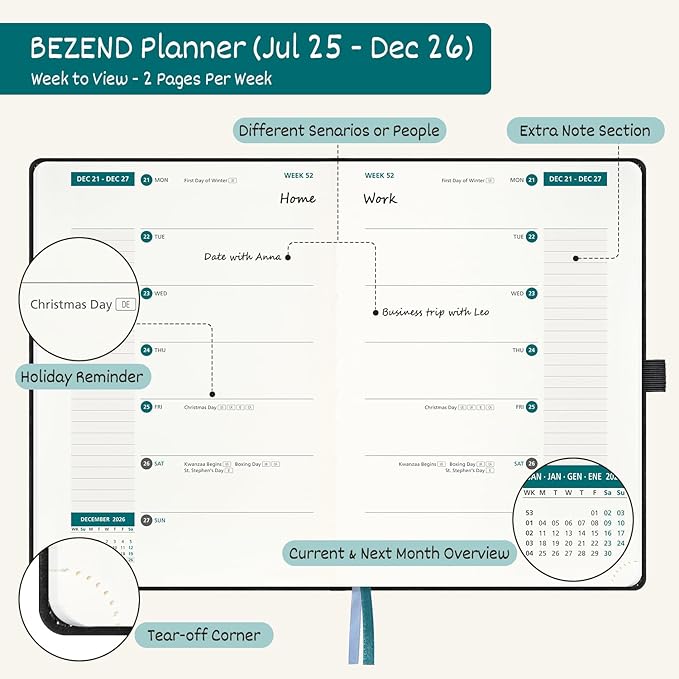 BEZEND Weekly Planner 2025-2026 with 2 Columns, 8.5" x 11" Academic Calendar 18 Months (Jul 25-Dec 26) Life Work Appointment Book with Monthly Tab, PU Leather Hardcover - Lilac