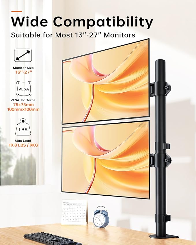Dual Monitor Stand for 13-27'' Wide Monitor Desk Arm up to 44lbs Adjustable Stacked Double Monitor Mount with C-Clamp 75x75/100x100 VESA