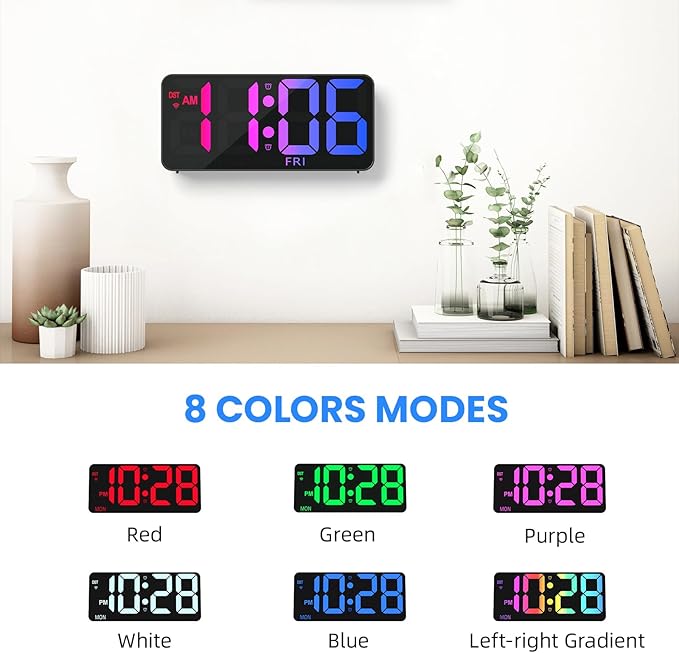 9" Digital Wall Clock with Night Light, Digital Clock with 8 RGB Colors, Dual Alarm, Snooze, Dimmer, Auto DST, Voice Control, Auto Time Sync, Clocks for Living Room, Bedroom, Perfect for Gift