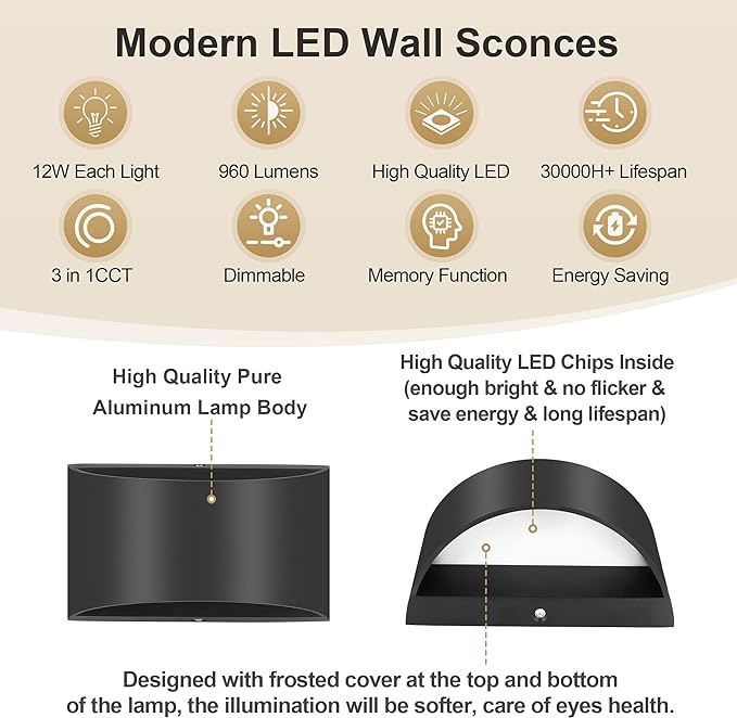 TRLIFE Modern Wall Sconces, 3000K/4000K/6000K Selectable and Dimmable LED Wall Sconce 12W Aluminum Wall Mounted Light Hardwired Wall Sconces for Bedroom Bedside Living Room Hallway(Black, 1 Pack)