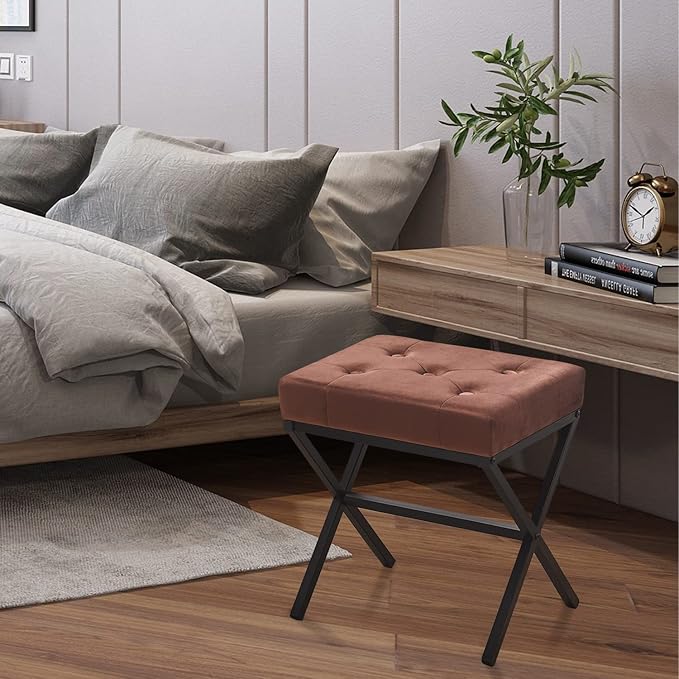 Wimarsbon Ottoman Foot Stool Tufted Vanity Stool Ottomans Thickened Cushion Footstool Mulifunctional Shoe Changing Seat Step Stools with Metal X Leg for Living Room Bedroom Velvet Coffee