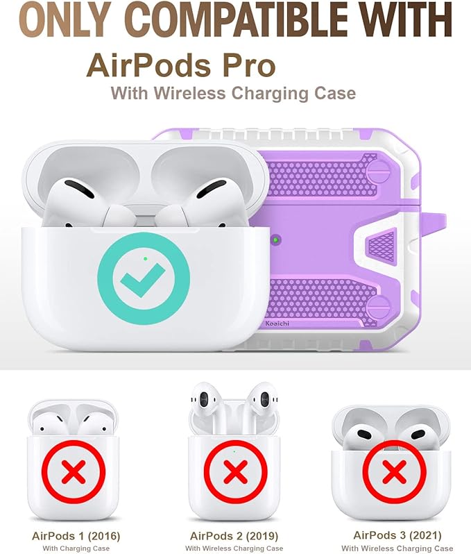 Koaichi Compatible with AirPods Pro(2nd Generation/1st Generation), Full-Body Rugged Hard Shell Protective Case Cover with Keychain Designed for AirPods Pro (2022/2019), Purple/White