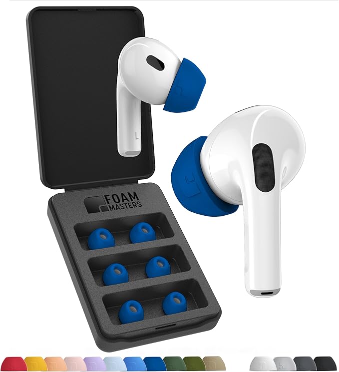 Foam Masters Ultra-Premium Memory Foam Ear Tips for AirPods Pro 1st & 2nd Gen | 3 Pairs | New Ver. | Secure Fit | Super Comfort | Better Noise Cancel | Replacement Buds (Assorted S/M/L, Blue)