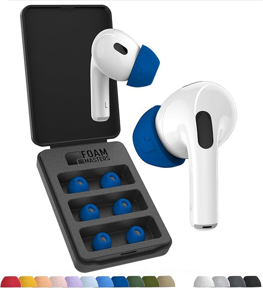 Foam Masters Ultra-Premium Memory Foam Ear Tips for AirPods Pro 1st & 2nd Gen | 3 Pairs | New Ver. | Secure Fit | Super Comfort | Better Noise Cancel | Replacement Buds (Assorted S/M/L, Blue)