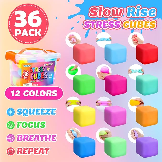 36 Pack Slow Rising Stress Cube, Dough Stress Balls Squishy Fidget Toys Bulk for Anxiety Relief, Soft Fidget Cube, Pull Stretch Squishy Toys for Classroom Prize, Party Favors for Kids Adults