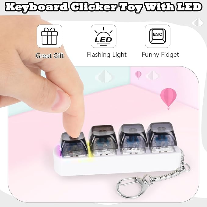Keyboard Fidget Toy for Adults Keyboard Clicker with LED Light Keychain Fidget Stress Relief Sensory Toy