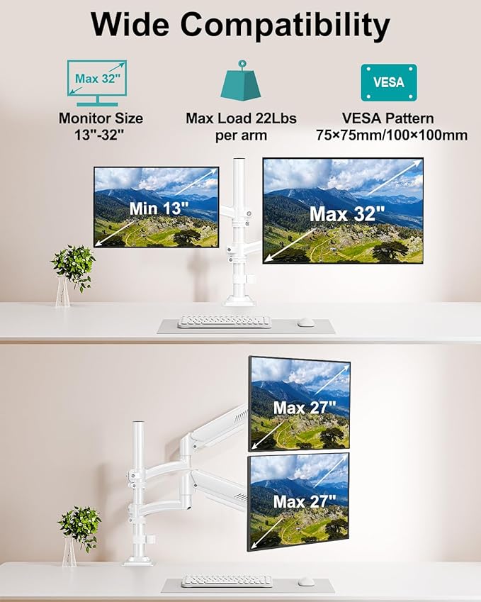 Dual Monitor Stand for Desk, Taller Monitor Arms for 2 Screens up to 32 inch, Ergonomic Adjustable Gas Spring Double Computer Monitor Mount, Holds 4.4-22lbs, VESA 75/100mm, White, Freelift