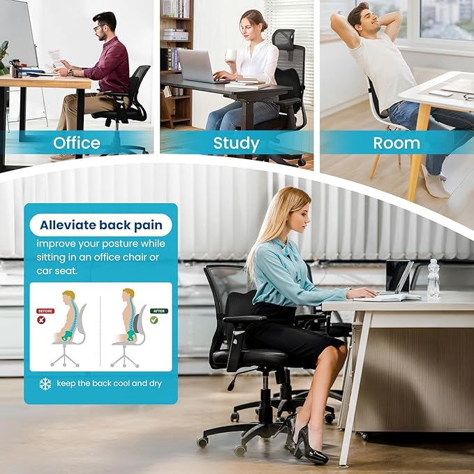 Lumbar Support Pillow Office Chair Car Back Pillow, Ergonomic Lower Back Pain Relief Breathable Air Fiber Cushion for Long Sitting Worker Driver & Handicapped, Adjustable Strap (Black)