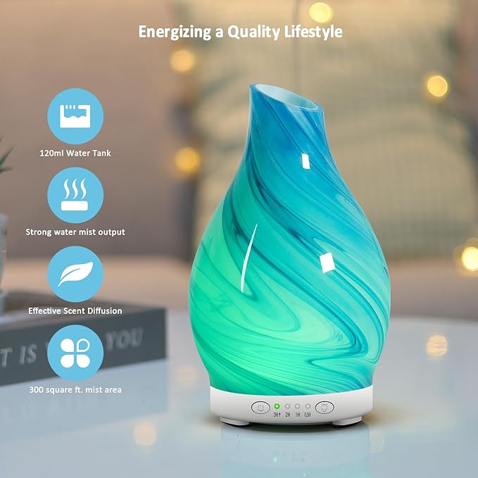 Essential Oil Diffuser & Essential Oils Set - Glass Ultrasonic Aromatherapy Diffuser with 6 Essential Oils Set, Oil Diffuser 7 Color Changing Light Quiet 4Timer Waterless Auto-Off for Home Office