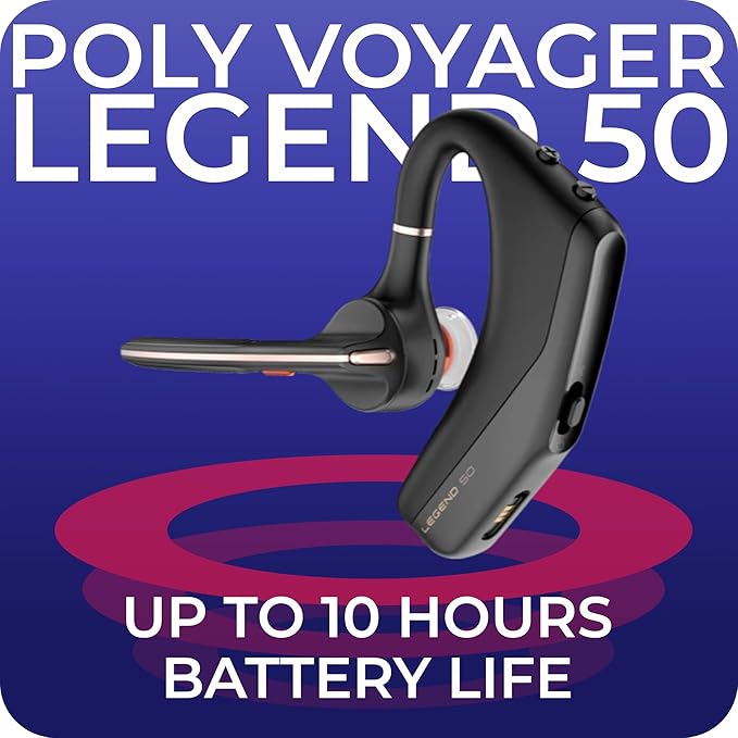 Poly Voyager Legend 50 Bluetooth Headset Noise Cancellation, 4-Mic WindSmart Tech, 10-Hour Battery, Fast Charging, 98 ft Wireless Range, Multipoint Connectivity, Voice Assistant, GTW Card (Pack of 5)