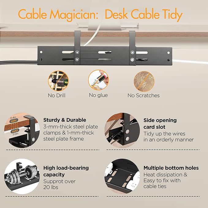 Retractable Under Desk Cable Management Tray No Drill, 17"-30" Long Cable Tray with Clamp Mount, Metal Cord Organizer, Support 50 lbs+, Wire Management Basket for Home Office, Black
