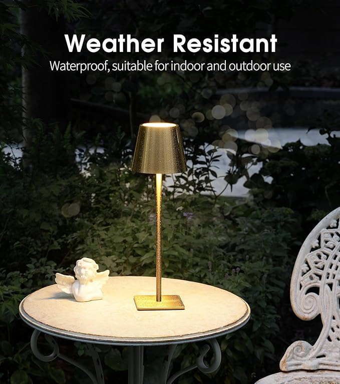 UME Cordless Table Lamp, Battery Operated Lamp - Portable Waterproof Rechargeable Table Lamp w/ 3 Color Temps & Stepless Dimming for Dinner, Desk, Cafe, Outdoor (Brushed Gold)