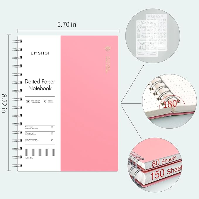 EMSHOI A5 Spiral Notebook Bullet Dotted journal, Small 5.7" X 8.22", 300 Pages/150 Sheets, 100gsm Dot Grid Paper, Waterproof Hardcover, for Office School Women Men Work Writing Notes-Pink