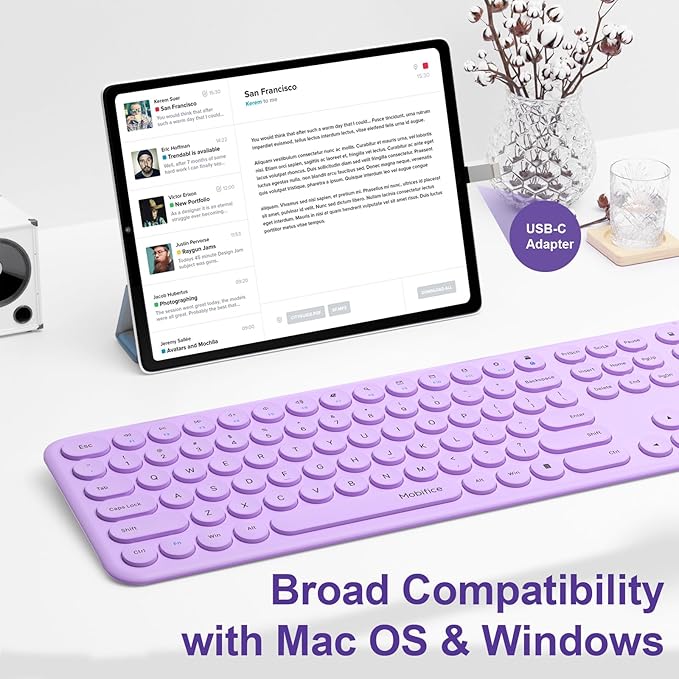 Cute Wireless Keyboard and Mouse Combo Slim 2.4GHz USB Cordless Full Size Silent Retro Keyboard and Mouse Set for PC Computer,Laptop,Windows,Mac,Tablets（Upgraded Violet）