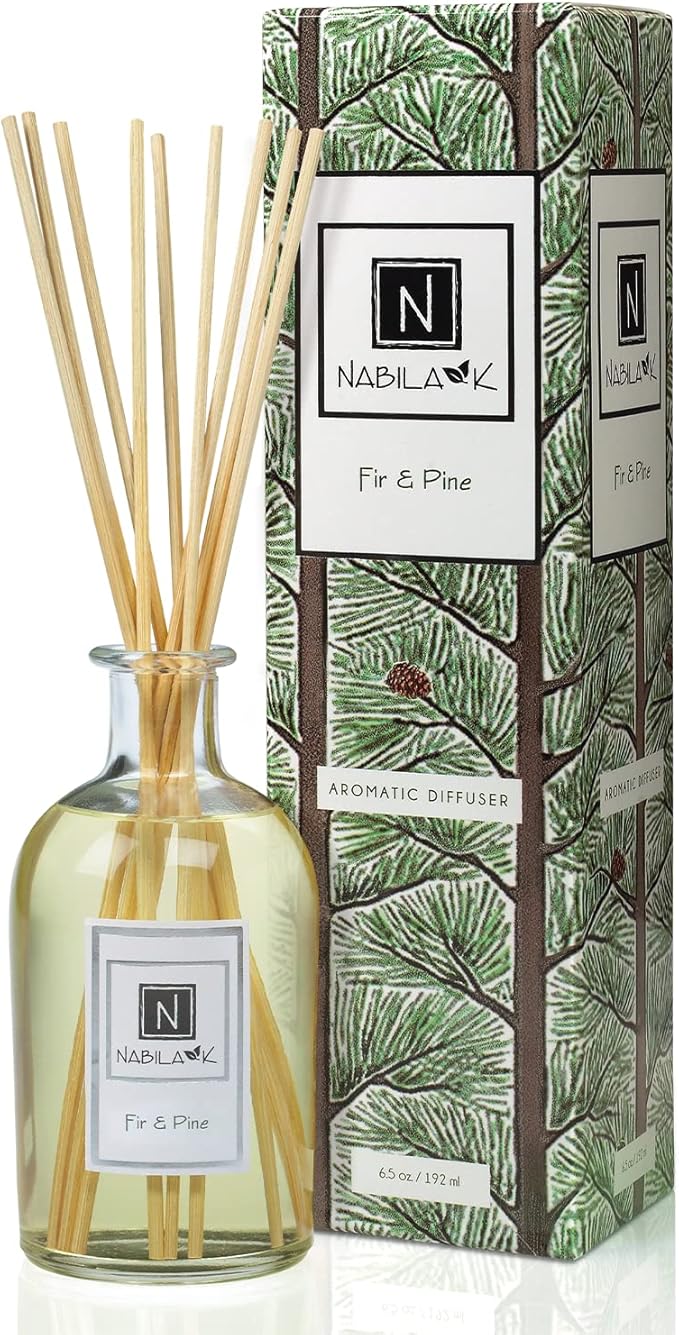 Nabila K Fir & Pine Reed Diffuser Set – Evergreen Aromatic Oil for Home – Long-Lasting, Smokeless Scent – Made in USA – Includes Reeds + Bottle – Flameless Candle Alternative