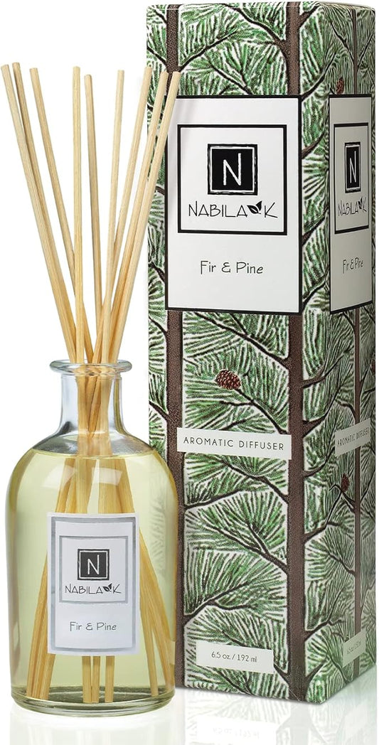 Nabila K Fir & Pine Reed Diffuser Set – Evergreen Aromatic Oil for Home – Long-Lasting, Smokeless Scent – Made in USA – Includes Reeds + Bottle – Flameless Candle Alternative