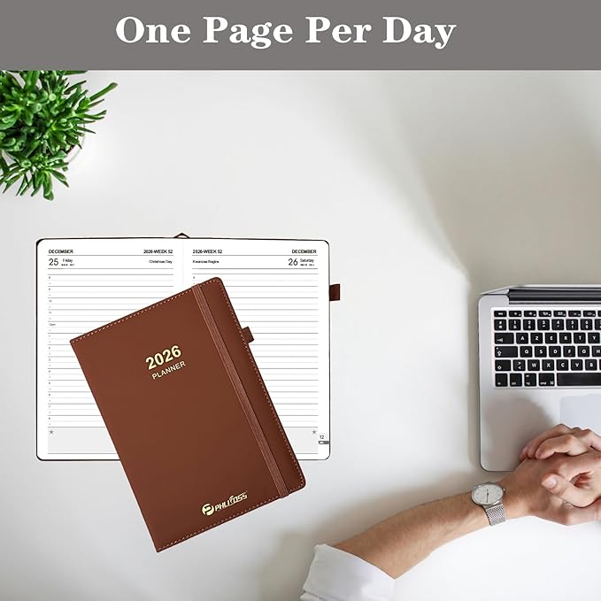 Daily Planner 2026 / Appointment Book, One Page Per Day, Jan - Dec 2026, Annual Daily Monthly Calendar Planner with Hourly Schedule and Monthly Tabs, 5.7" x 8.3" Agenda (Brown)