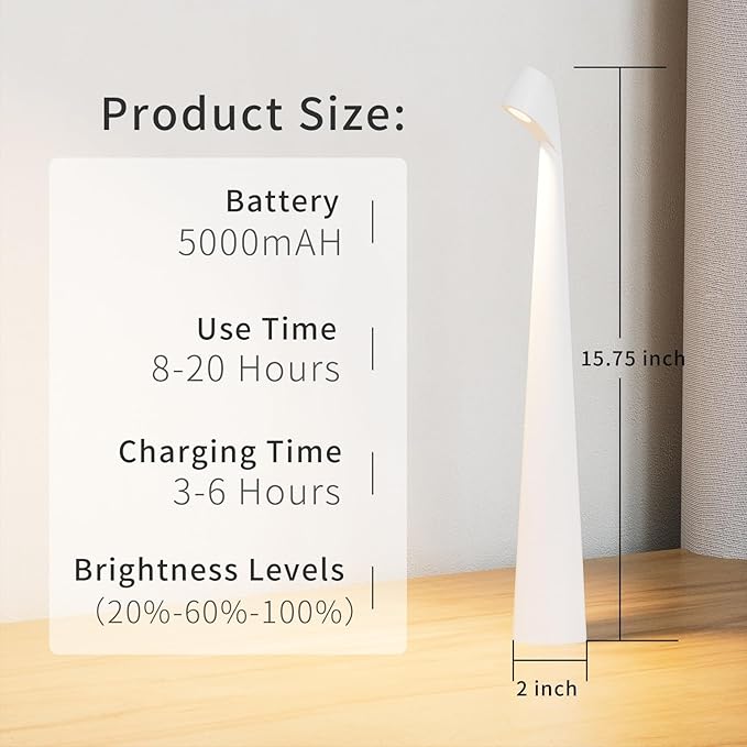 Cordless Portable LED Table Lamp,Built-in Rechargeable Battery-5000mAH,Dimmable Touch Small Desk Lamp with 3-Level Brightness for Bedroom/Living Room/Office (White)