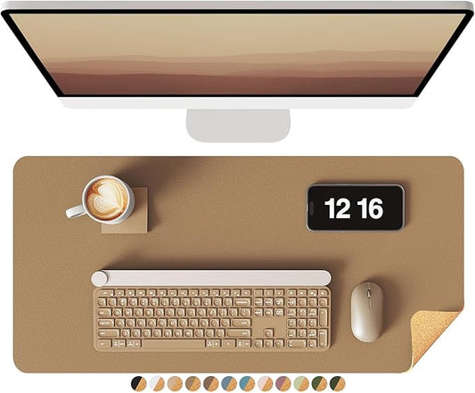 YSAGi Double-Sided Desk Pad, Leather Desk Mat, Eco Cork Desk Pad Protector, Large Mouse Pad for Desk, Waterproof Desk Blotter Pad, Desk Writing Pad for Office Work/Home(23.6"x13.7",Khaki+Cork)