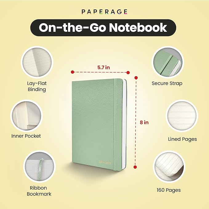 PAPERAGE Personalized Lined Journal Notebook for Writing - Customizable Text in Embossed Metallic Gold Foil, 160 Pages, 100 GSM Thick Paper, Leather Hardcover, 5.7 inches x 8 inches, Sage